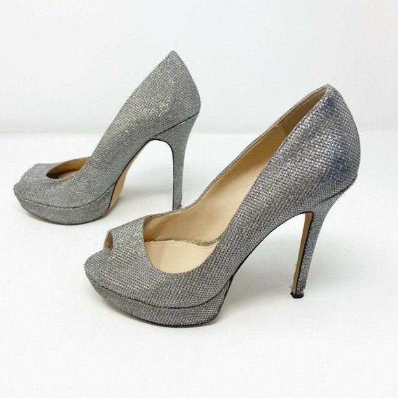 Vince Camuto Sparkle Silver Diamond Open Toe Platform Heels Sz 7.5 - Picture 1 of 7